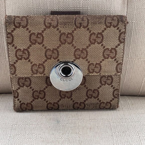 Gucci Women Wallet Card Holder Billfold Brown Leather GG Canvas Made in Italy - Picture 1 of 12
